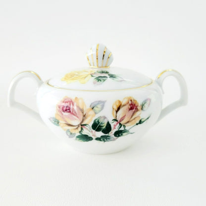 Vintage Japanese Yellow & Peach Rose Creamer & Lidded Sugar Bowl, Trio Pattern by Narumi Kent