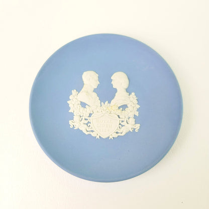 Wedgwood Blue Jasperware Royal Birth 1984 Miniature Plate, Embossed Diana & Charles