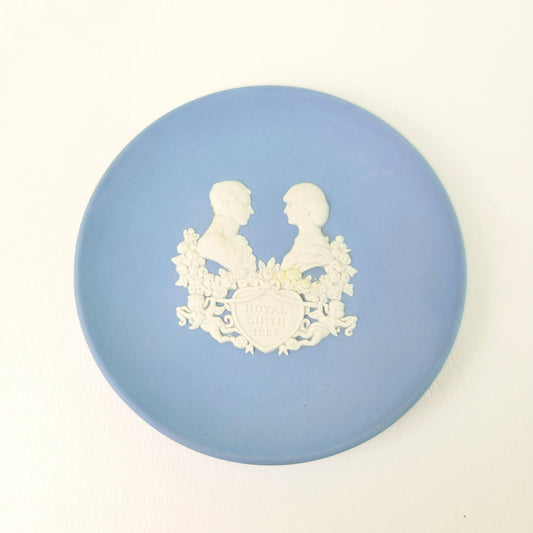 Wedgwood Blue Jasperware Royal Birth 1984 Miniature Plate, Embossed Diana & Charles