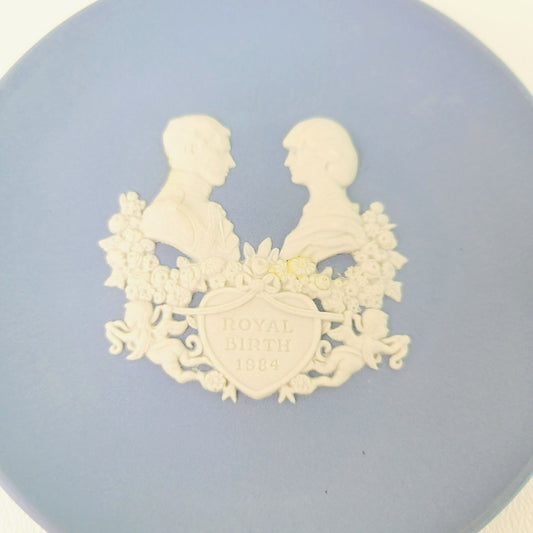 Wedgwood Blue Jasperware Royal Birth 1984 Miniature Plate, Embossed Diana & Charles