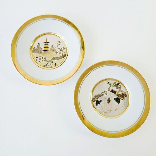 Vintage Japanese Chokin Plate Set Floral Calendar Collection Spring Cherry Blossoms & New Years' Day Pine and Crane