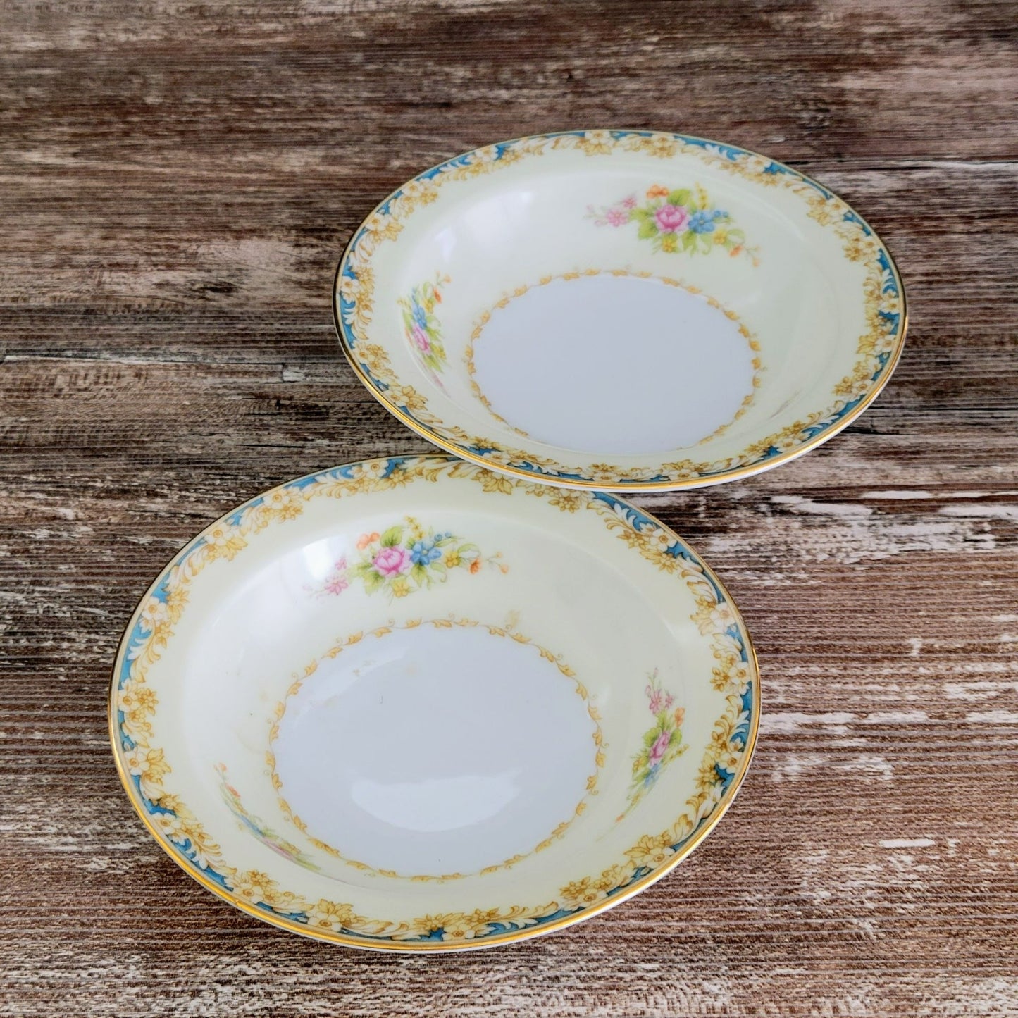 Rose China Cream & Blue Floral Dessert Bowl Set of 2, c.1945-48 Occupied Japan