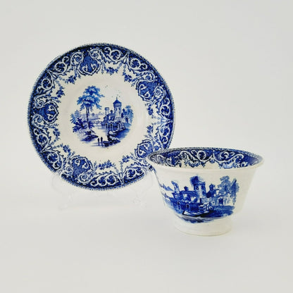 Antique E. Wood Kaolin Ware Flow Blue Tea Bowl and Saucer, c.1818-46 England