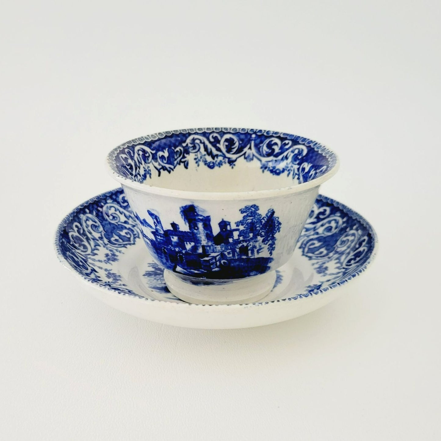 Antique E. Wood Kaolin Ware Flow Blue Tea Bowl and Saucer, c.1818-46 England