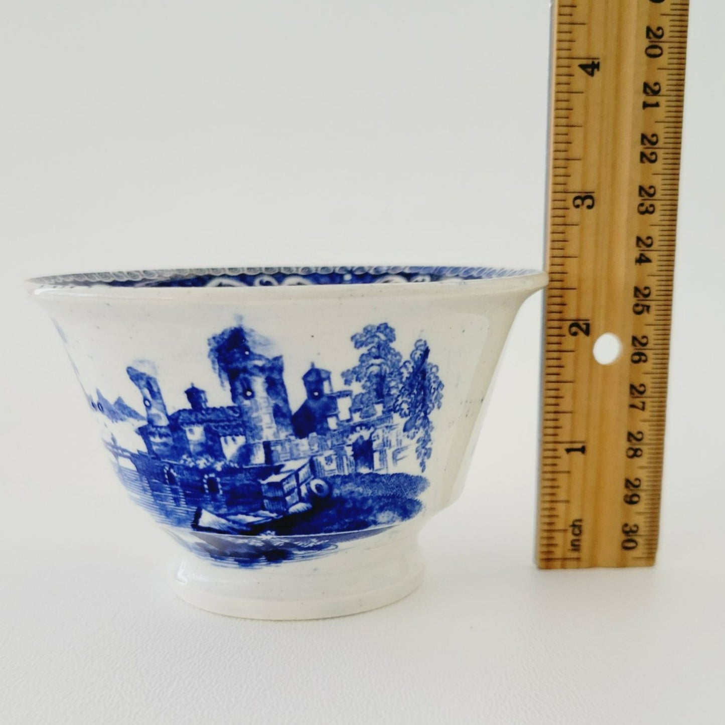 Antique E. Wood Kaolin Ware Flow Blue Tea Bowl and Saucer, c.1818-46 England