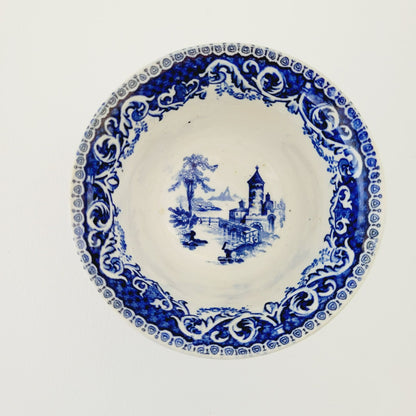 Antique E. Wood Kaolin Ware Flow Blue Tea Bowl and Saucer, c.1818-46 England