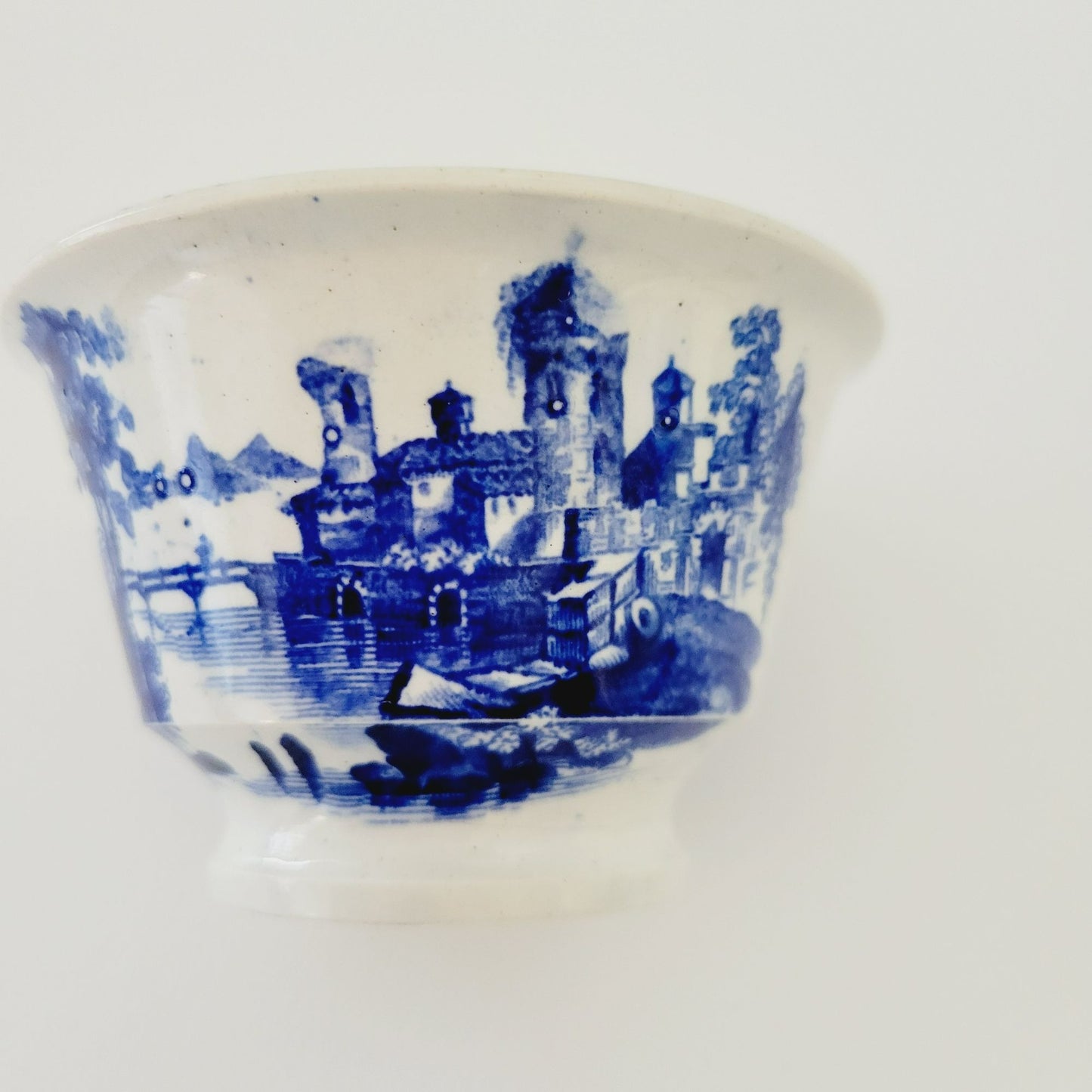 Antique E. Wood Kaolin Ware Flow Blue Tea Bowl and Saucer, c.1818-46 England