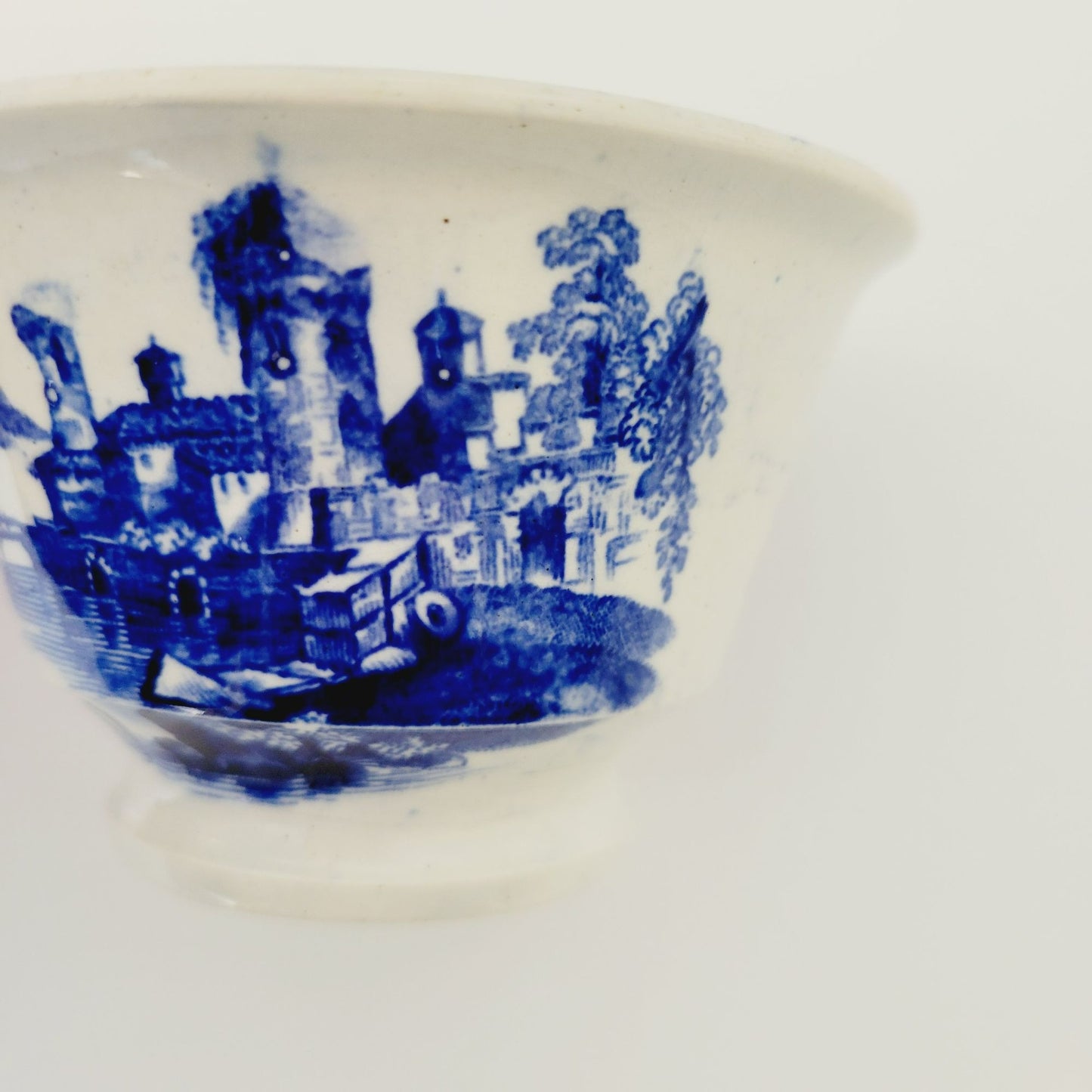 Antique E. Wood Kaolin Ware Flow Blue Tea Bowl and Saucer, c.1818-46 England