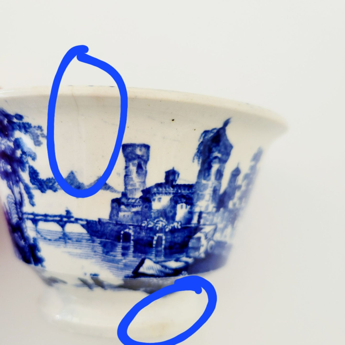 Antique E. Wood Kaolin Ware Flow Blue Tea Bowl and Saucer, c.1818-46 England