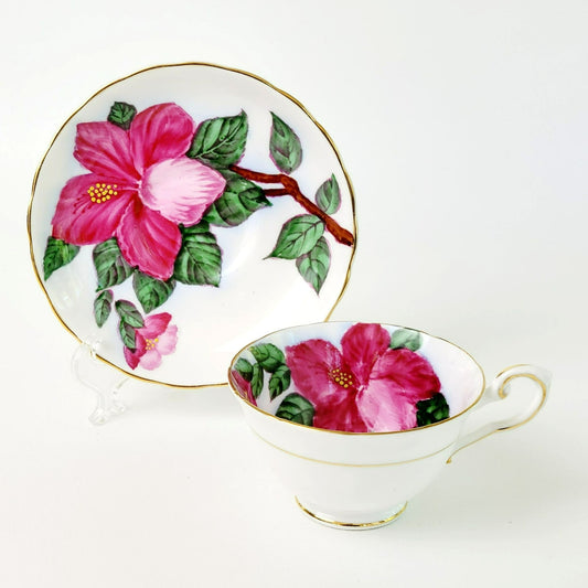 Hawaiian Red Hibiscus Teacup & Saucer, Handpainted Bright Pink Flower & Gold Trim, by Tuscan China, Made in England