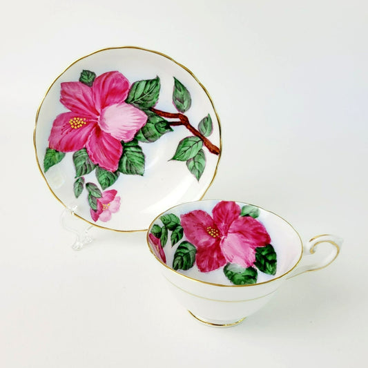 Hawaiian Red Hibiscus Teacup & Saucer, Handpainted Bright Pink Flower & Gold Trim, by Tuscan China, Made in England