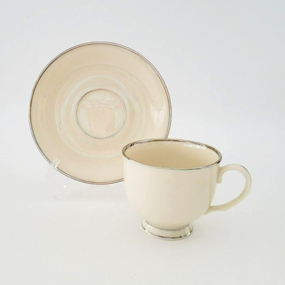 Lenox Montclair Teacup & Saucer, Cream with Platinum Silver Trim, USA Made