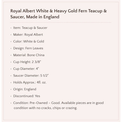 Royal Albert White & Heavy Gold Teacup & Saucer, Made in England