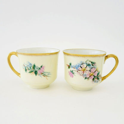 Rare Antique Johann Haviland Demitasse Cup Set (2) – Hand Painted Pink & Blue Florals, Heavy Gold Trim – Germany c.1907-24