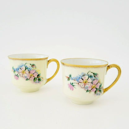 Rare Antique Johann Haviland Demitasse Cup Set (2) – Hand Painted Pink & Blue Florals, Heavy Gold Trim – Germany c.1907-24