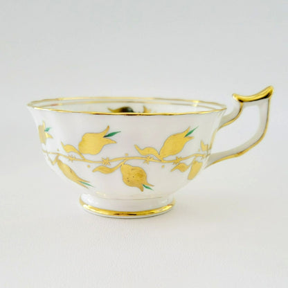 Royal Chelsea Golden Jade Teacup & Saucer with Gold Vines & Flowers, Bone China Made in England