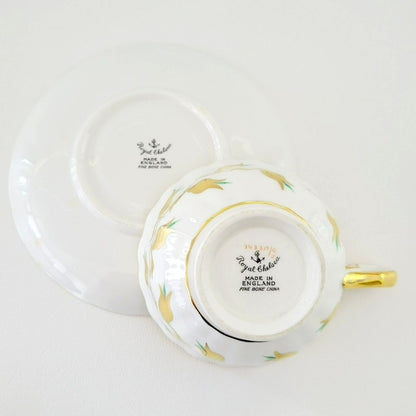 Royal Chelsea Golden Jade Teacup & Saucer with Gold Vines & Flowers, Bone China Made in England