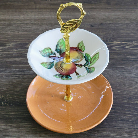 Small Mismatched 2 Tiered Dessert Stand, Made with Spode Apple & Unmarked Plate