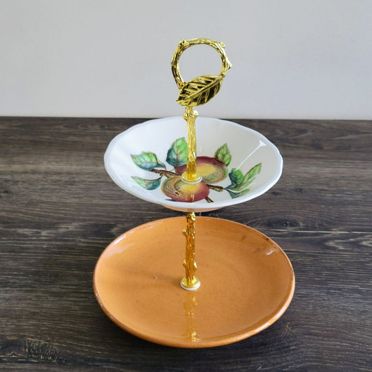 Small Mismatched 2 Tiered Dessert Stand, Made with Spode Apple & Unmarked Plate