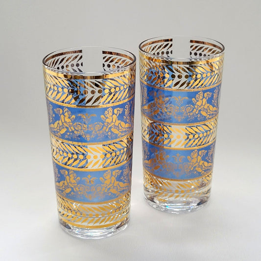 MCM Blue & Gold Cherub Highball Glass Tumbler, Set of 2