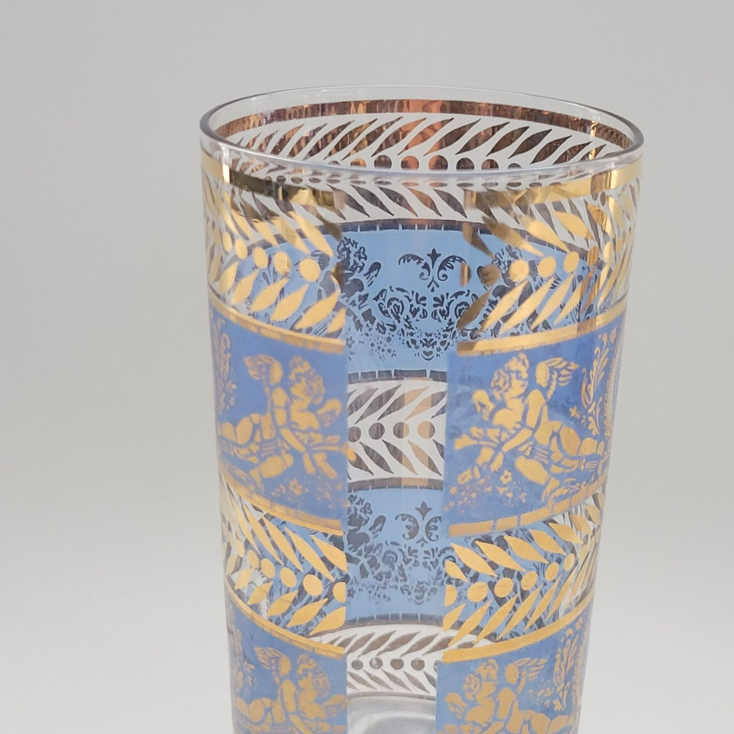 MCM Blue & Gold Cherub Highball Glass Tumbler, Set of 2