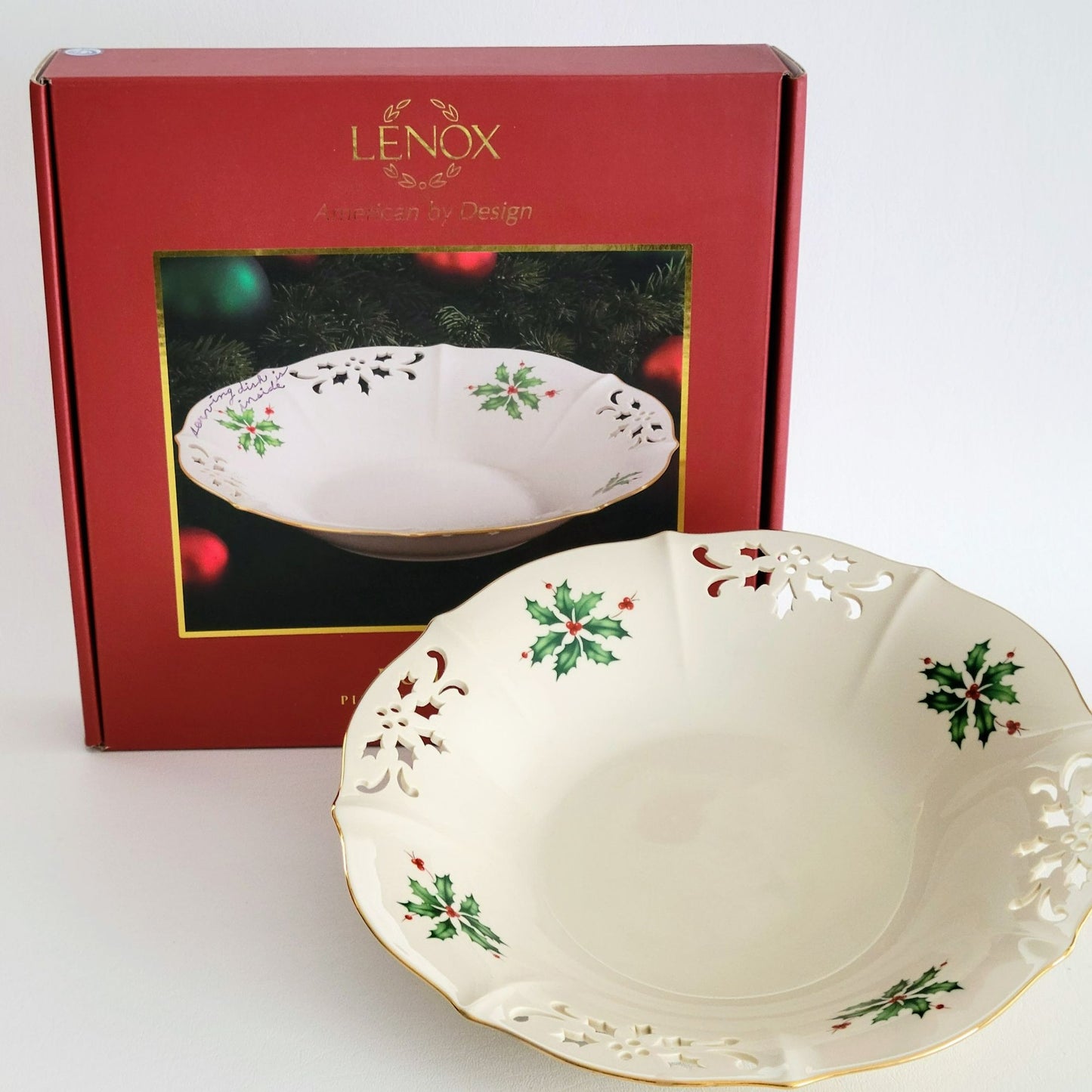 Lenox Holiday Pierced Low Bowl, Gold Trim Christmas Holly Design, Festive Dining