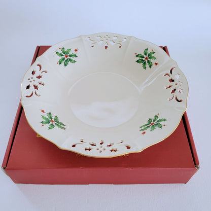 Lenox Holiday Pierced Low Bowl, Gold Trim Christmas Holly Design, Festive Dining