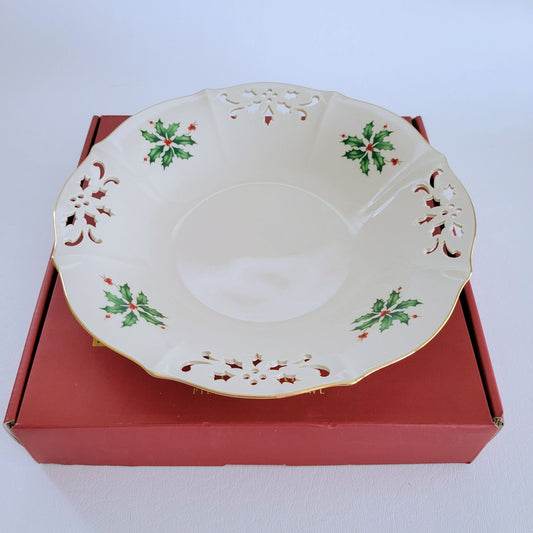Lenox Holiday Pierced Low Bowl, Gold Trim Christmas Holly Design, Festive Dining