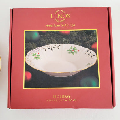 Lenox Holiday Pierced Low Bowl, Gold Trim Christmas Holly Design, Festive Dining