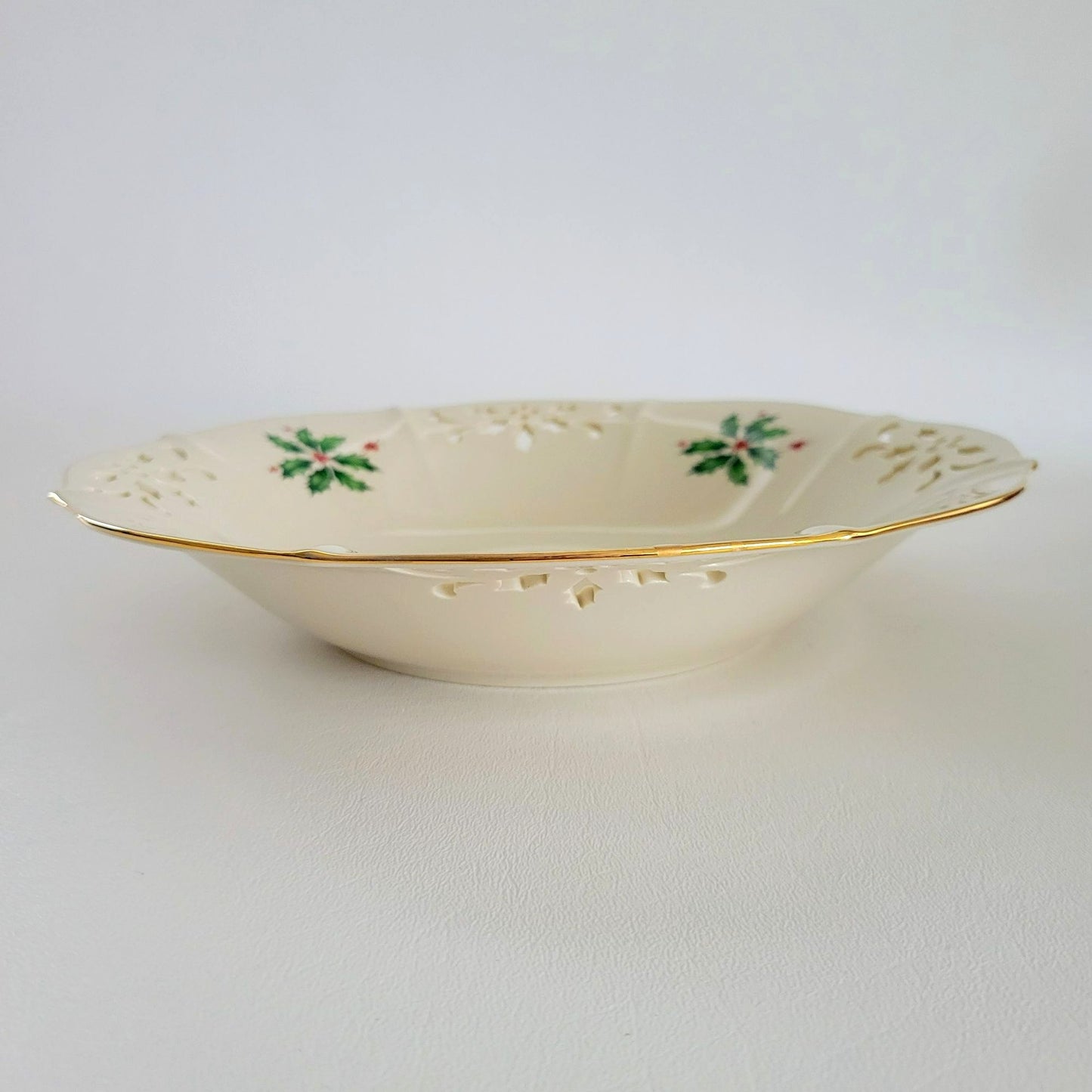 Lenox Holiday Pierced Low Bowl, Gold Trim Christmas Holly Design, Festive Dining