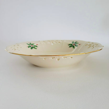 Lenox Holiday Pierced Low Bowl, Gold Trim Christmas Holly Design, Festive Dining