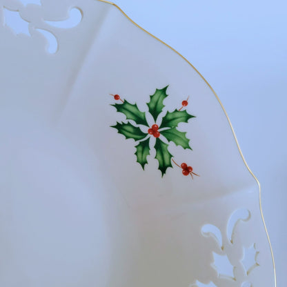 Lenox Holiday Pierced Low Bowl, Gold Trim Christmas Holly Design, Festive Dining