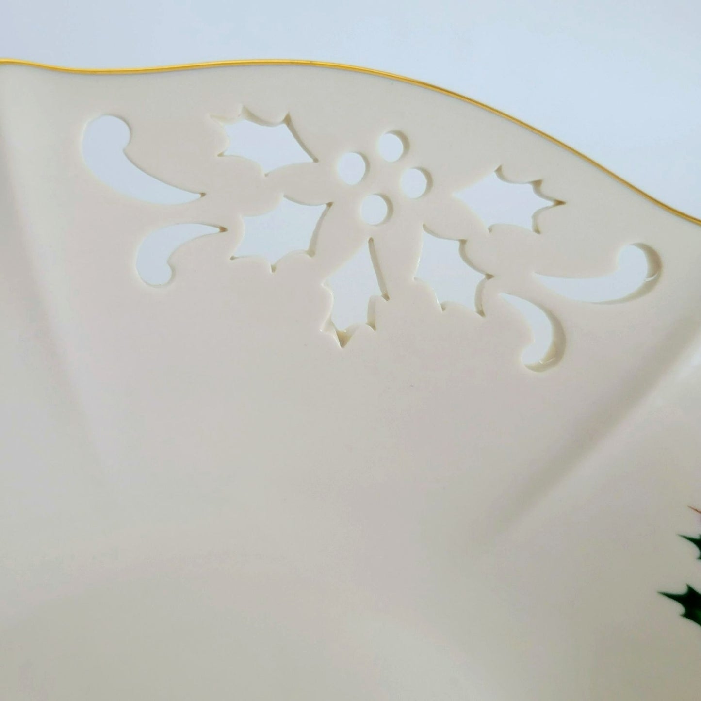 Lenox Holiday Pierced Low Bowl, Gold Trim Christmas Holly Design, Festive Dining