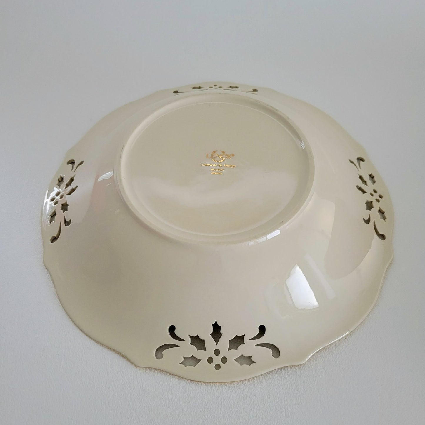 Lenox Holiday Pierced Low Bowl, Gold Trim Christmas Holly Design, Festive Dining