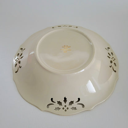 Lenox Holiday Pierced Low Bowl, Gold Trim Christmas Holly Design, Festive Dining