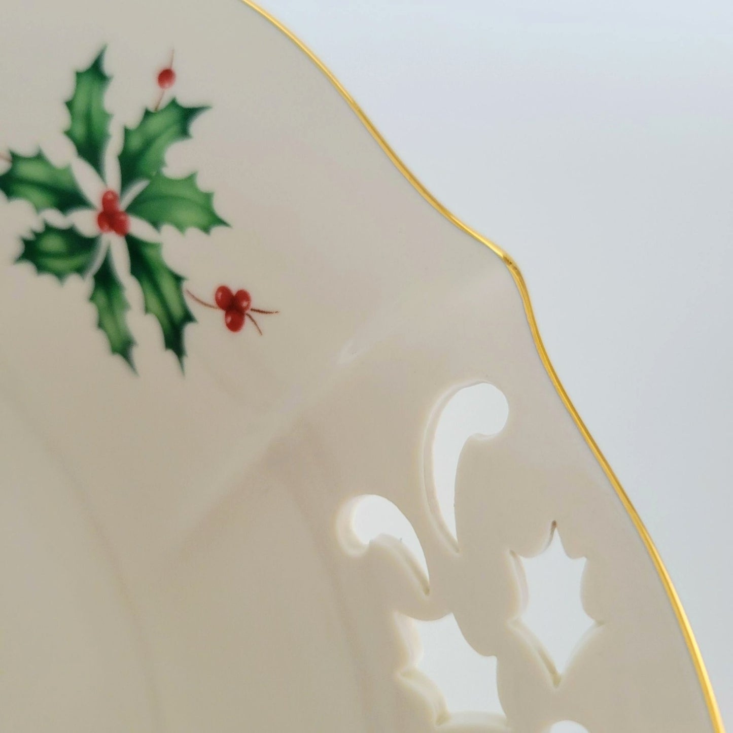 Lenox Holiday Pierced Low Bowl, Gold Trim Christmas Holly Design, Festive Dining