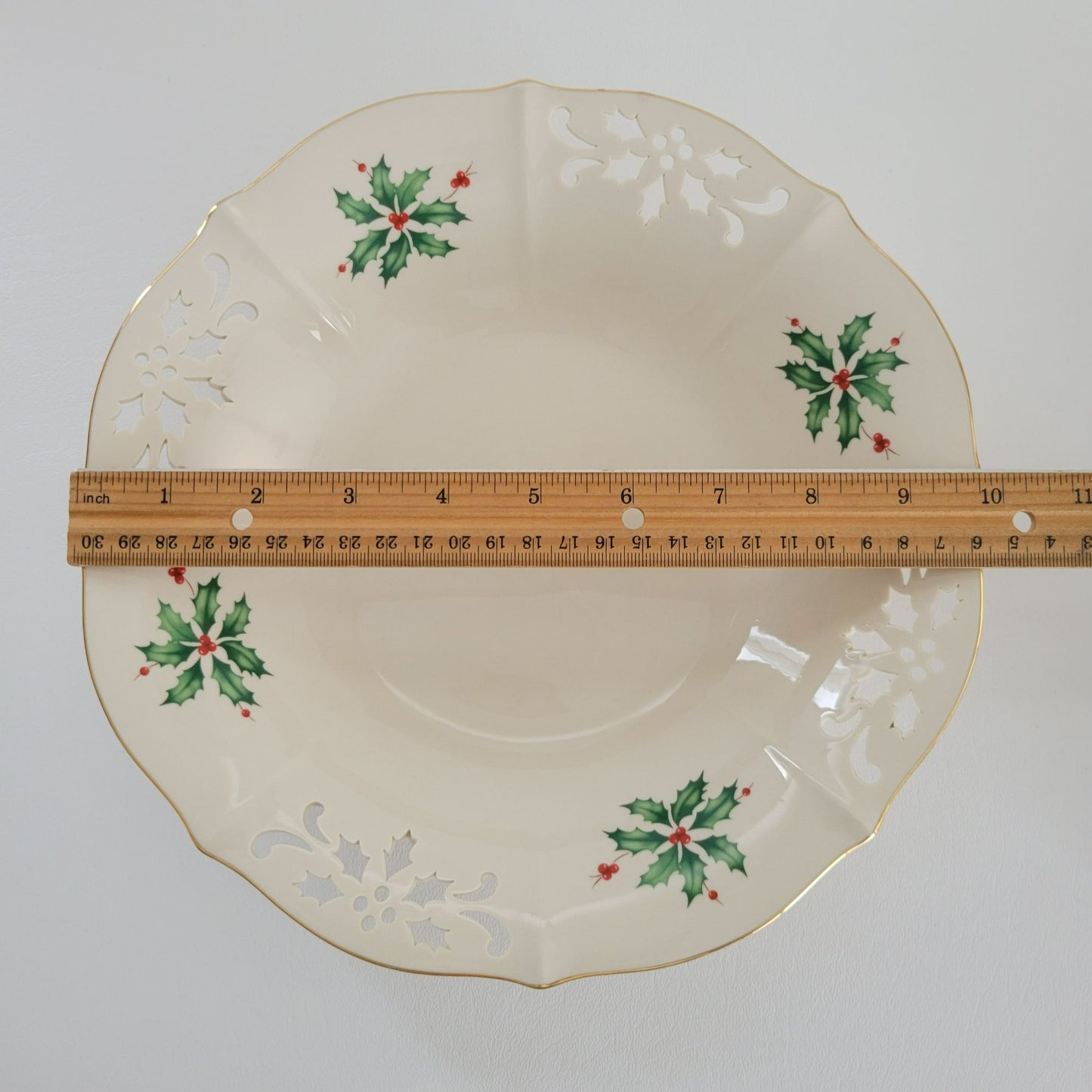 Lenox Holiday Pierced Low Bowl, Gold Trim Christmas Holly Design, Festive Dining