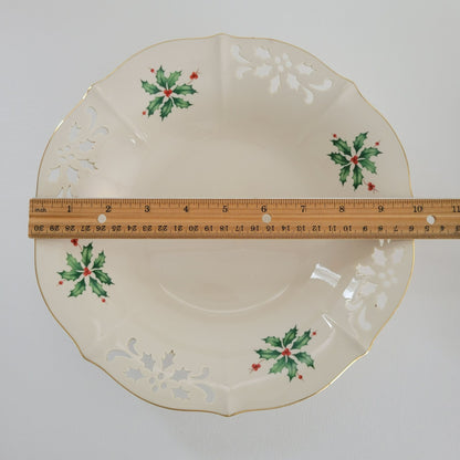 Lenox Holiday Pierced Low Bowl, Gold Trim Christmas Holly Design, Festive Dining