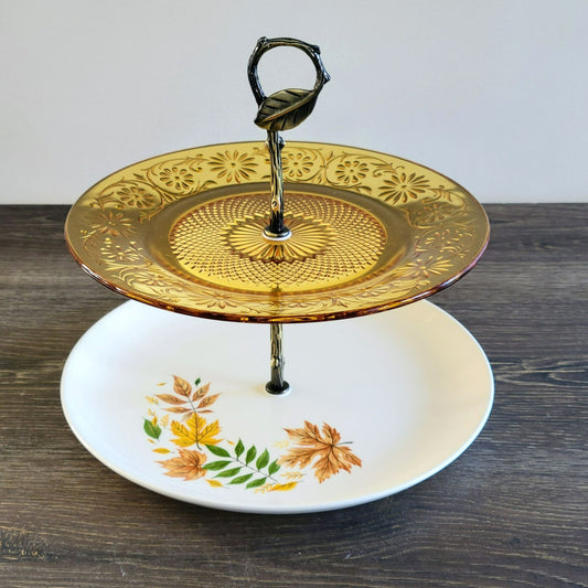 Mismatched 2 Tiered Dessert Stand, Made from Indiana Glass & Salem Autumn Leaves Plate