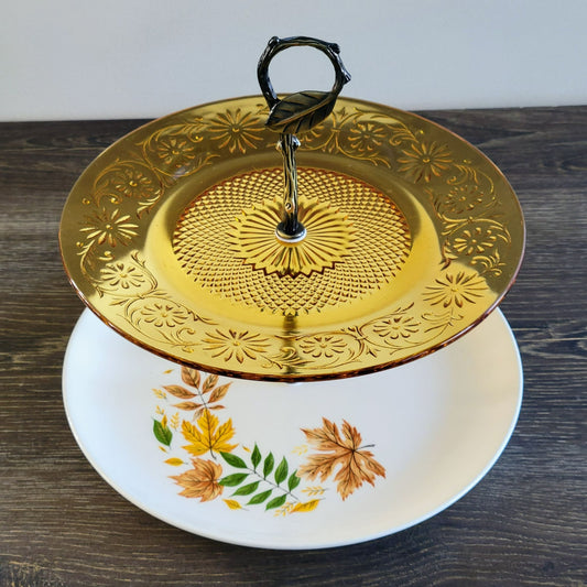 Mismatched 2 Tiered Dessert Stand, Made from Indiana Glass & Salem Autumn Leaves Plate
