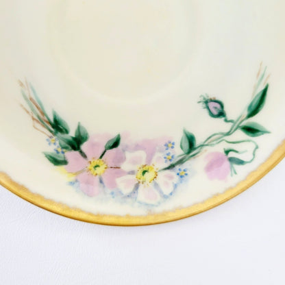 Antique Johann Haviland Waldershof Floral Demitasse Cup & Saucer, Heavy Gold Trim, Hand Painted Pink and Blue Floral, c.1907-24 Germany