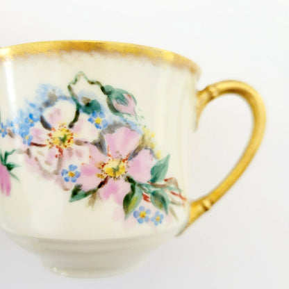 Antique Johann Haviland Waldershof Floral Demitasse Cup & Saucer, Heavy Gold Trim, Hand Painted Pink and Blue Floral, c.1907-24 Germany