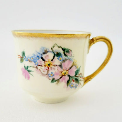 Antique Johann Haviland Waldershof Floral Demitasse Cup & Saucer, Heavy Gold Trim, Hand Painted Pink and Blue Floral, c.1907-24 Germany