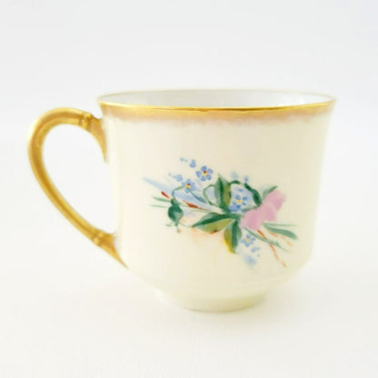 Antique Johann Haviland Waldershof Floral Demitasse Cup & Saucer, Heavy Gold Trim, Hand Painted Pink and Blue Floral, c.1907-24 Germany