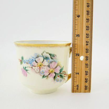Antique Johann Haviland Waldershof Floral Demitasse Cup & Saucer, Heavy Gold Trim, Hand Painted Pink and Blue Floral, c.1907-24 Germany