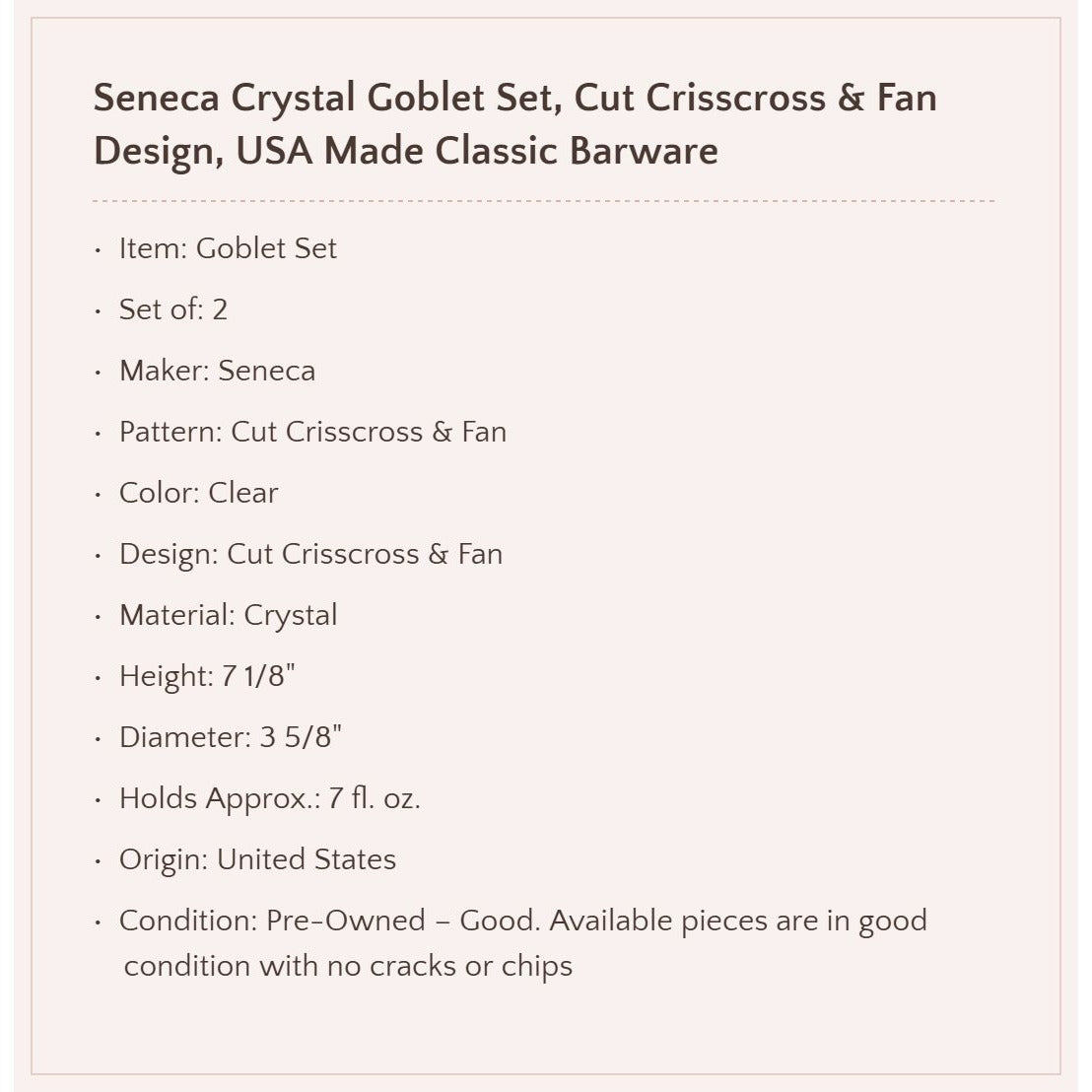 Seneca Crystal Goblet Set, USA Made
