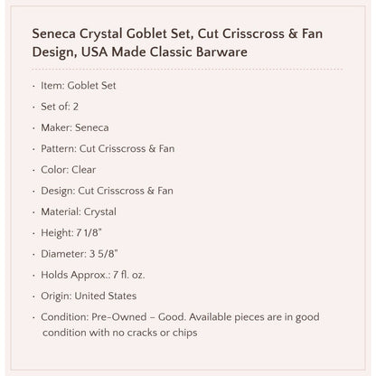 Seneca Crystal Goblet Set, USA Made