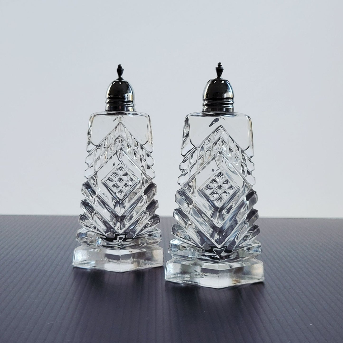 Cut Crystal Salt & Pepper Shakers & Metal Lids, Made in Japan