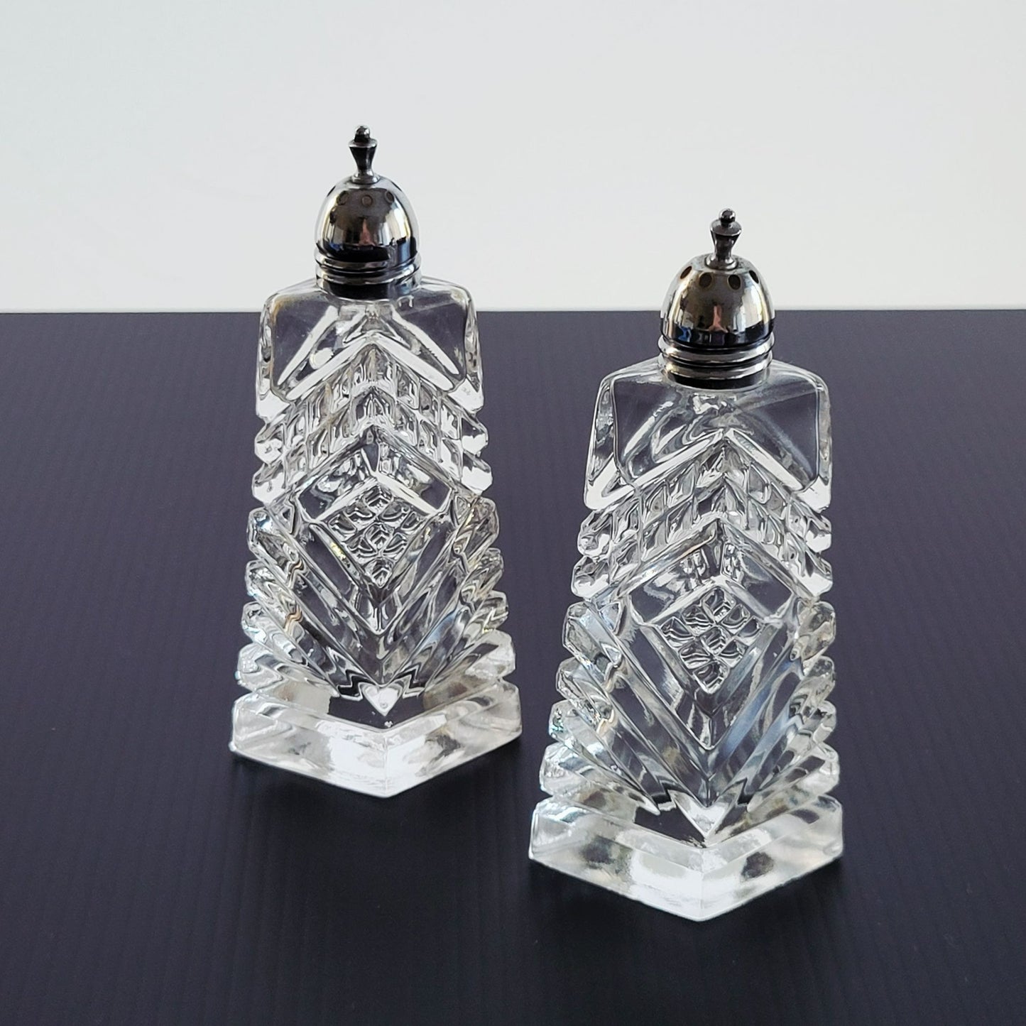 Cut Crystal Salt & Pepper Shakers & Metal Lids, Made in Japan