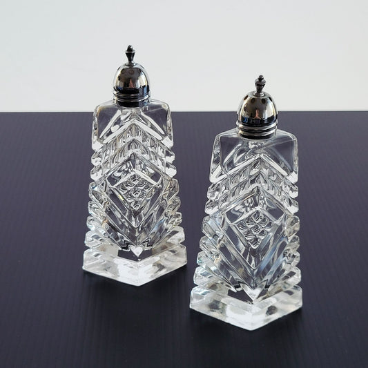 Cut Crystal Salt & Pepper Shakers & Metal Lids, Made in Japan